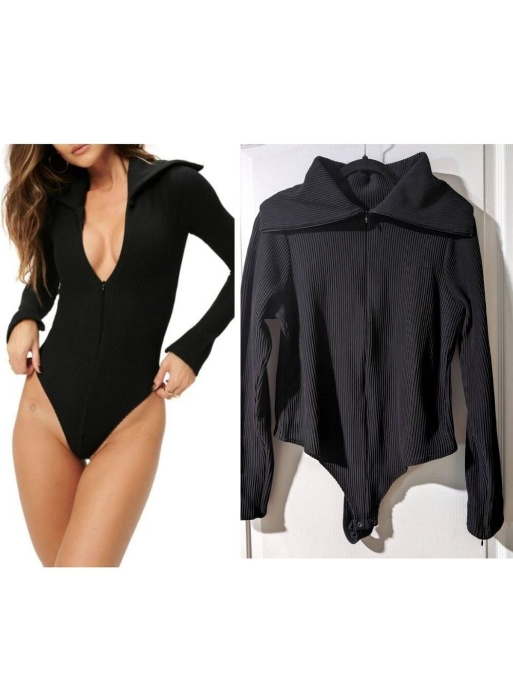 Good American | Ribbed Zip Front Mock Neck Bodysuit In Black